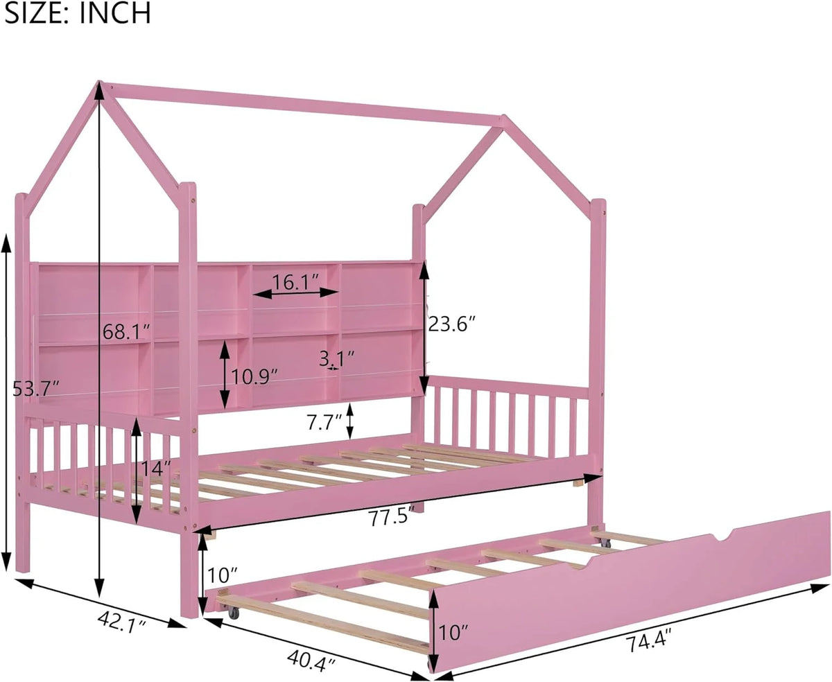 Wooden Twin Size House Bed with Trundle and Storage Shelf W8405