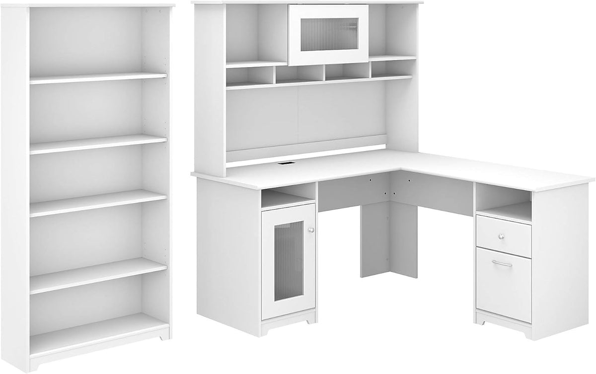 Espresso Oak L Shaped Desk with Hutch and 5 Shelf Bookcase U837