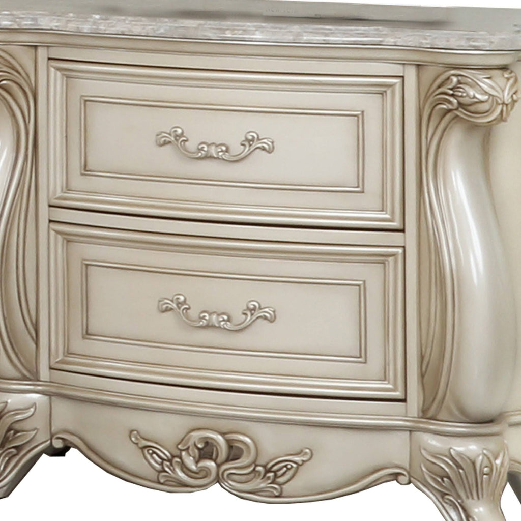 White 2 Drawer Wooden Nightstand with Marble Top I940529