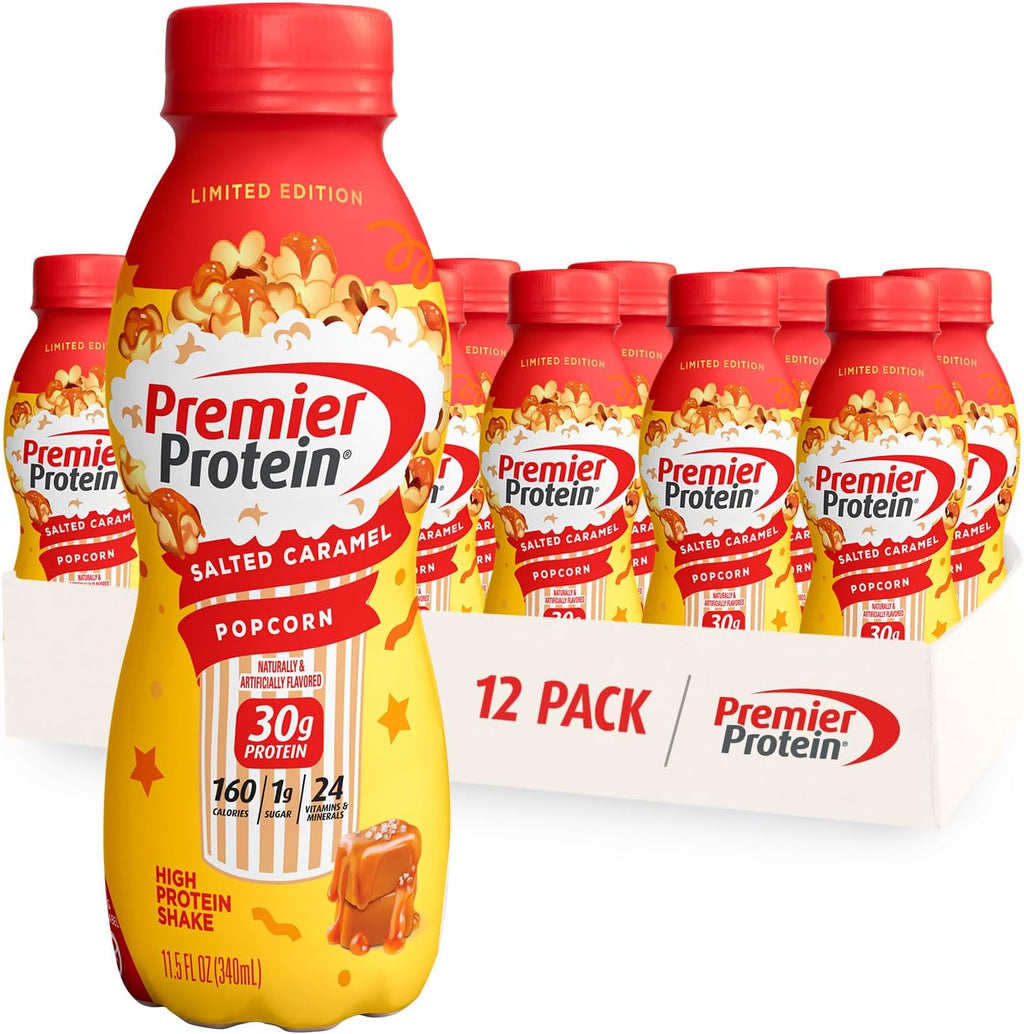 12 Pack Premier Protein Shake, 30g Protein, Salted Caramel Popcorn and Bananas & Cream Flavors K821237