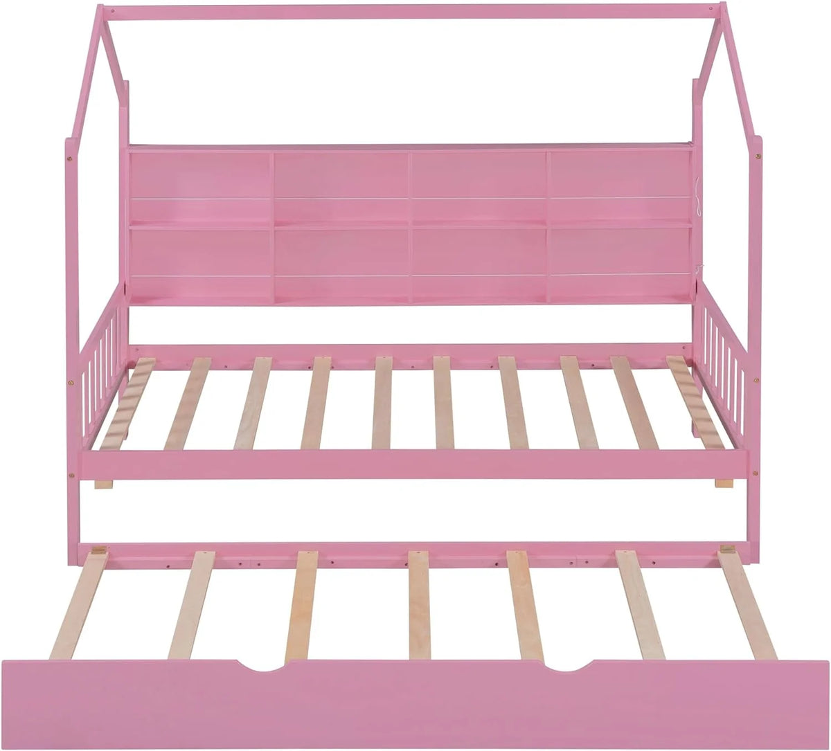 Wooden Twin Size House Bed with Trundle and Storage Shelf W8405