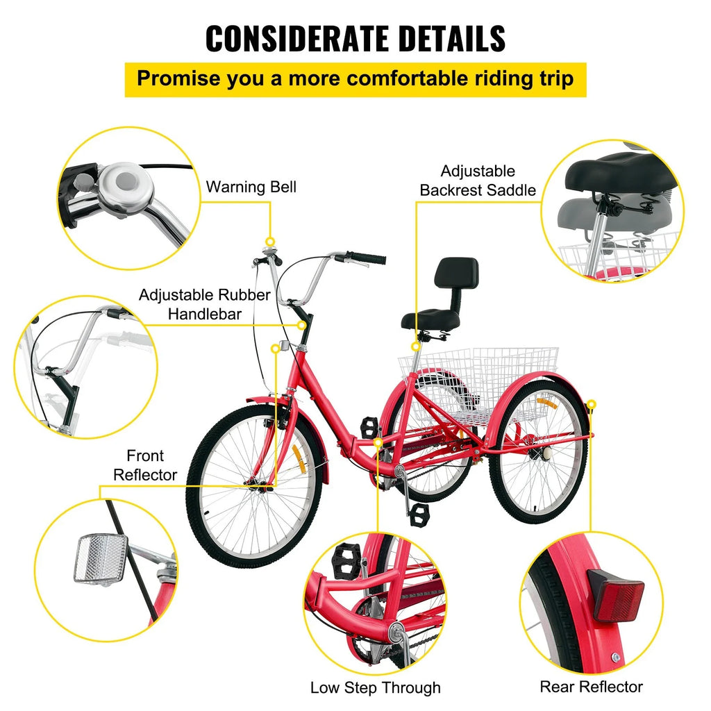 Foldable Adult Tricycle 24'' Wheels 1-Speed 3 Wheel Bikes G8259