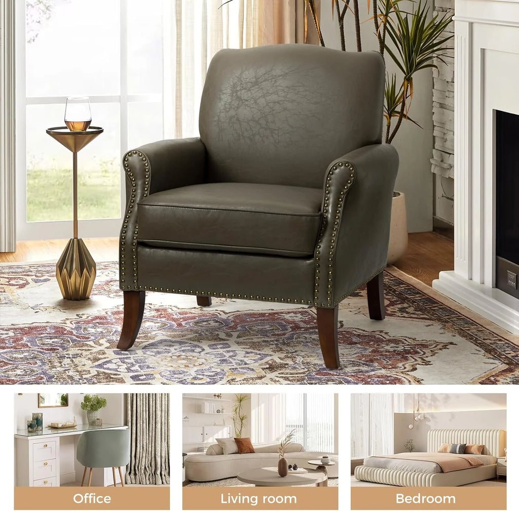 Grey Faux Leather Upholstered Accent Armchair with Solid Wood Legs I177