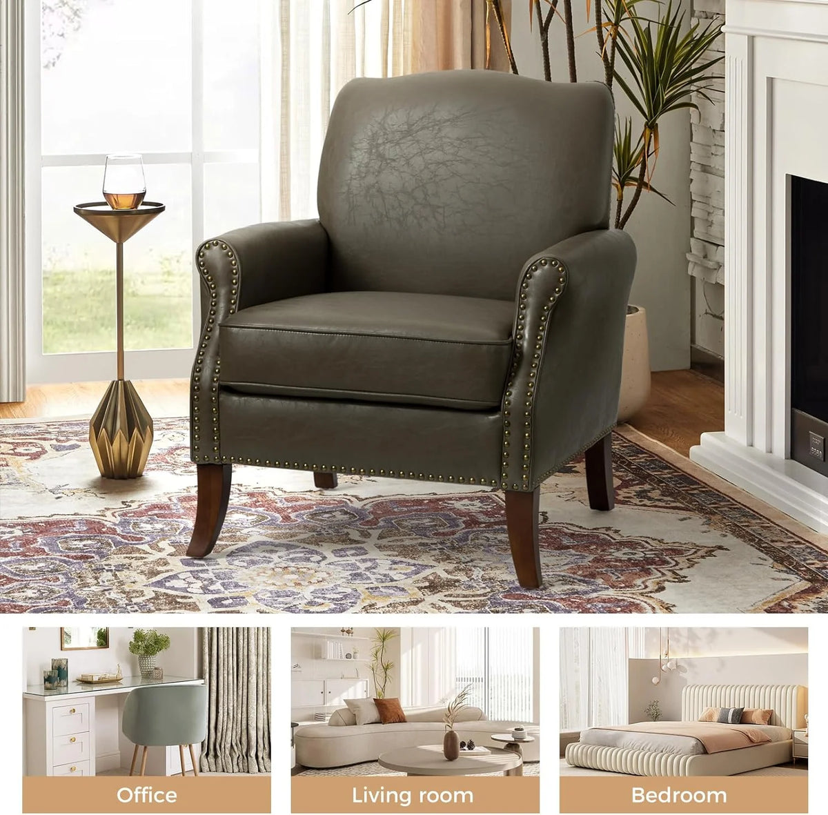Grey Faux Leather Upholstered Accent Armchair with Solid Wood Legs I177