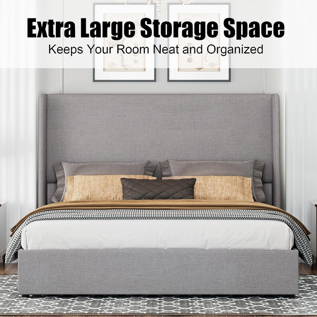 King Size Light Gray Linen Upholstered Platform Bed Frame I856224