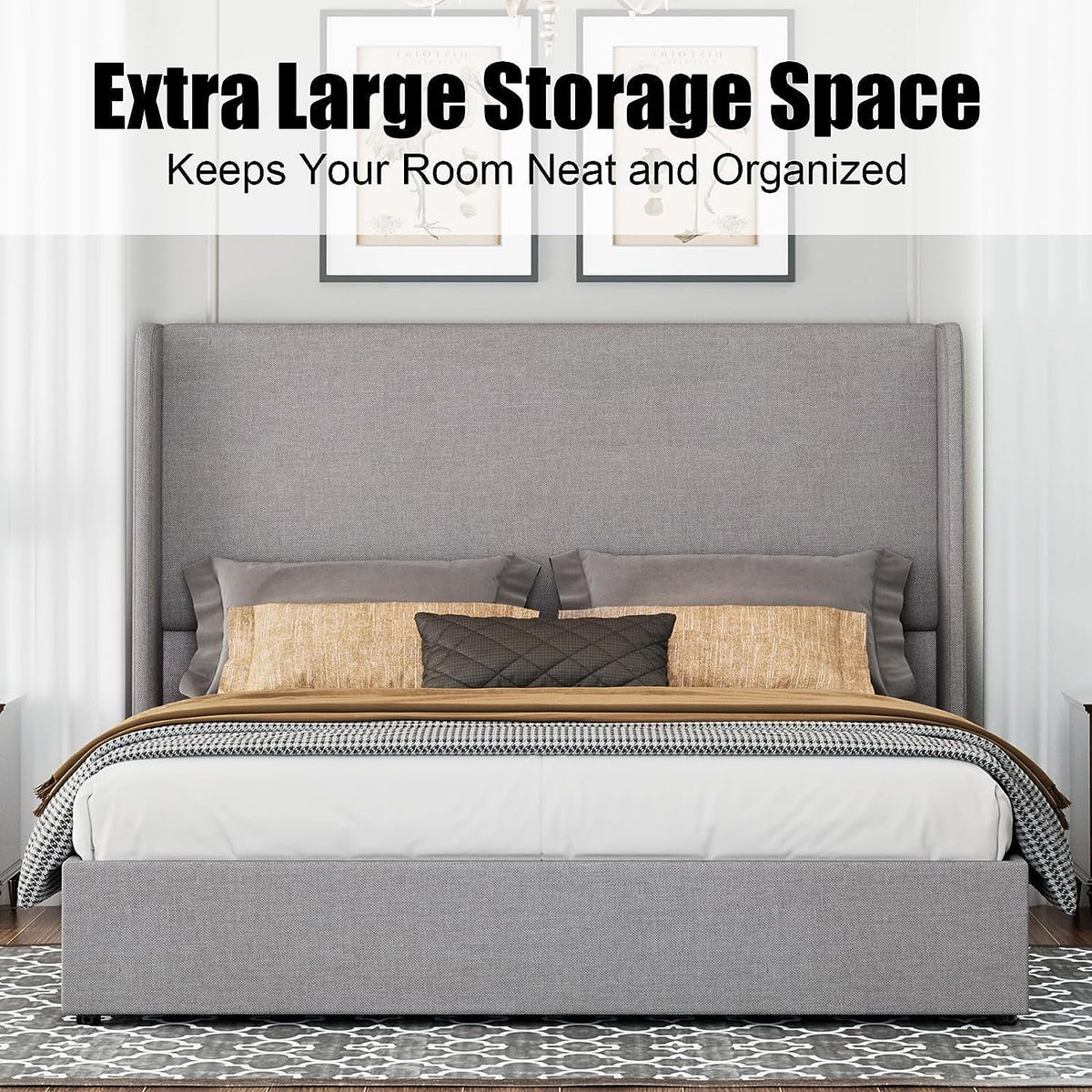 King Size Light Gray Linen Upholstered Platform Bed Frame I856224
