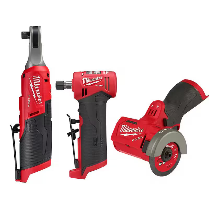 12V Lithium-Ion Brushless Cordless High Speed 3/8 in. Ratchet with 3 in. Cutoff Saw & 1/4 in. Die Grinder L8408