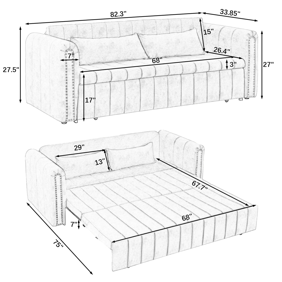 Black 3-in-1 Convertible Sleeper Sofa Bed with Two Drawers and Two Pillows L4878