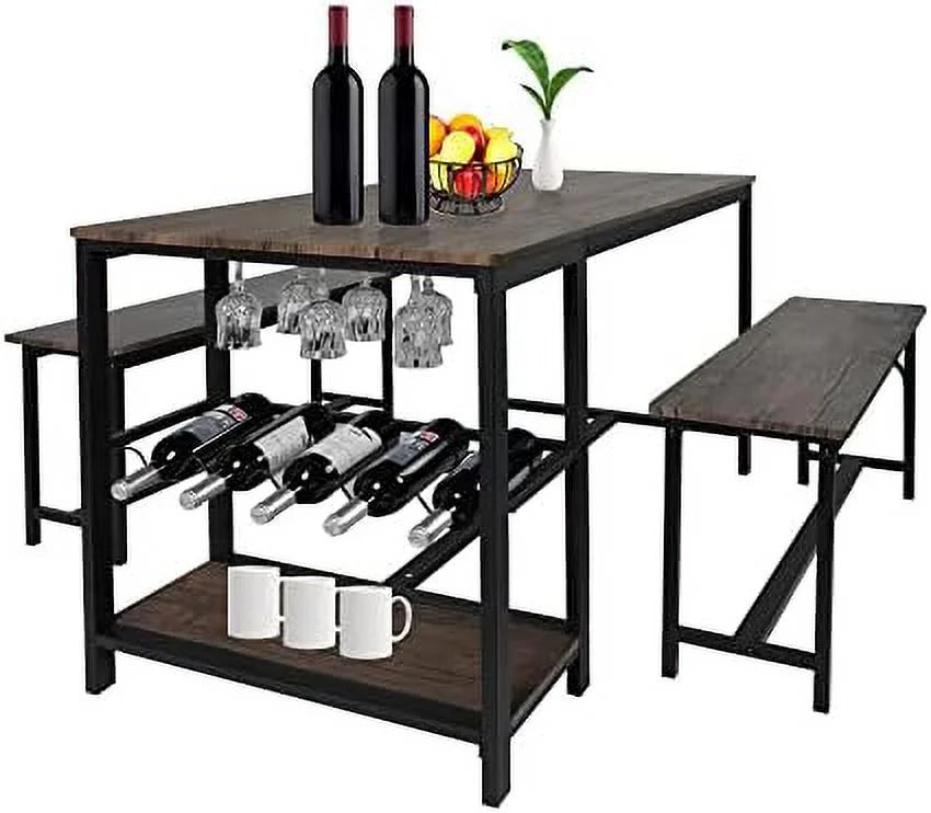 Dining Table Set 4 with 2 Benches 3-Piece Wood Rustic Brown & Black S57512