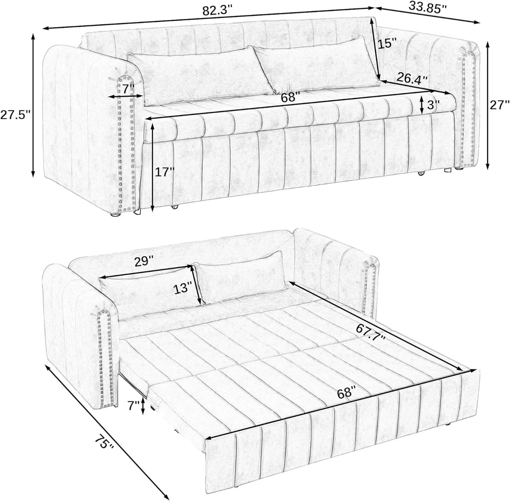 Black 3-in-1 Convertible Sleeper Sofa Bed with Two Drawers and Two Pillows L4878
