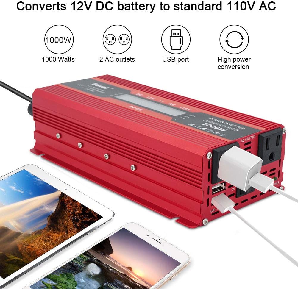 Power Inverter 1000W/2000W Dual AC Outlets Dual USB Charging Ports DC 12V to 110V AC Car Converter with Digital Display Pack of 2 W64340