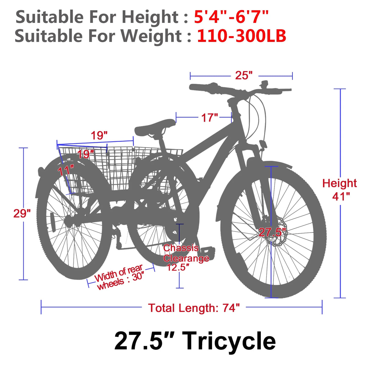 Mountain Tricycle 3 Wheeled 7-Speed 24 inch 26 inch 27.5 inch Disc Brakes Cargo Basket G3417