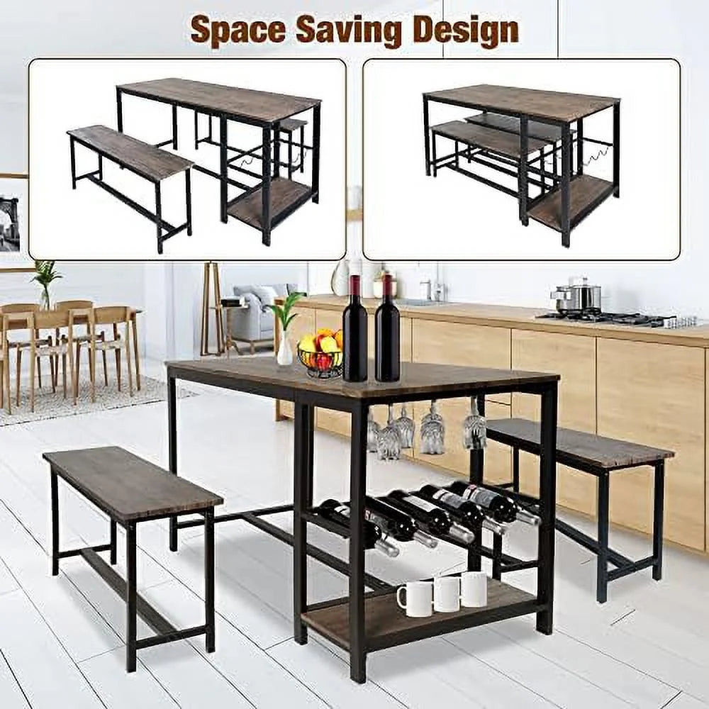 Dining Table Set 4 with 2 Benches 3-Piece Wood Rustic Brown & Black S57512