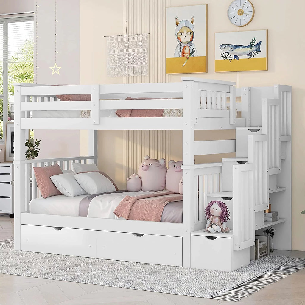 Full Over Full Bunk Bed with Stairs and 6 Storage Drawers U56975