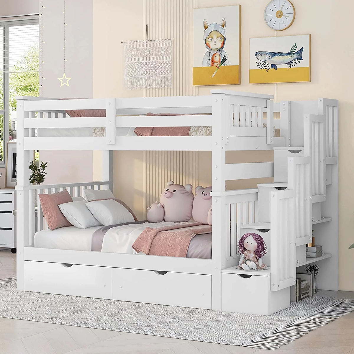 Full Over Full Bunk Bed with Stairs and 6 Storage Drawers U56975