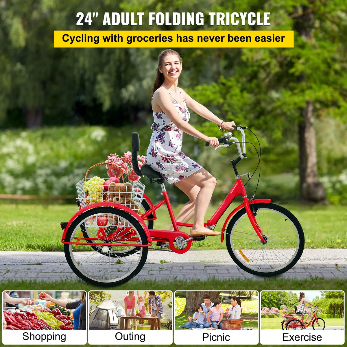 Foldable Adult Tricycle 24'' Wheels 1-Speed 3 Wheel Bikes G8259