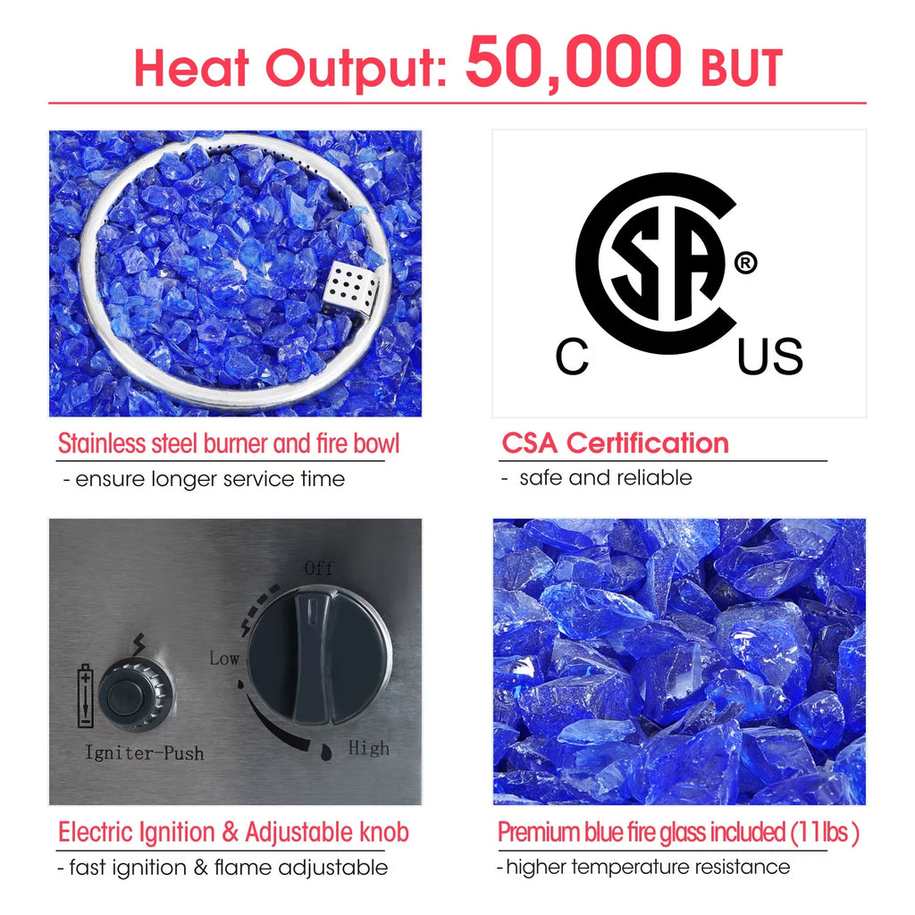 28'' Gas Fire Pit Table with Blue Fire Glass U8565
