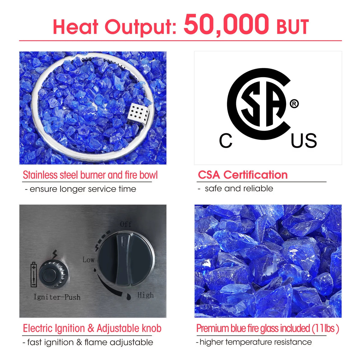 28'' Gas Fire Pit Table with Blue Fire Glass U8565