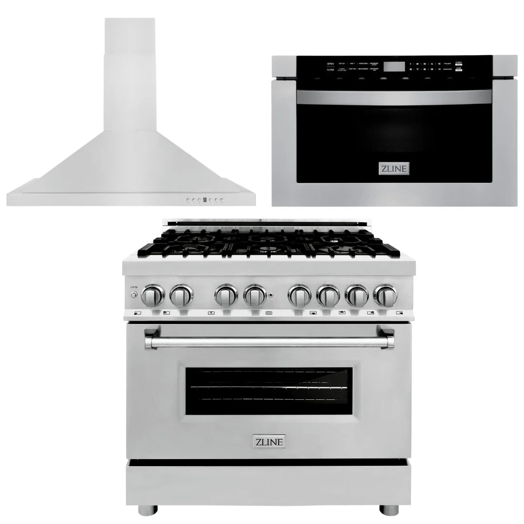 36 in. Dual Fuel Range, Range Hood, Microwave Drawer C759344