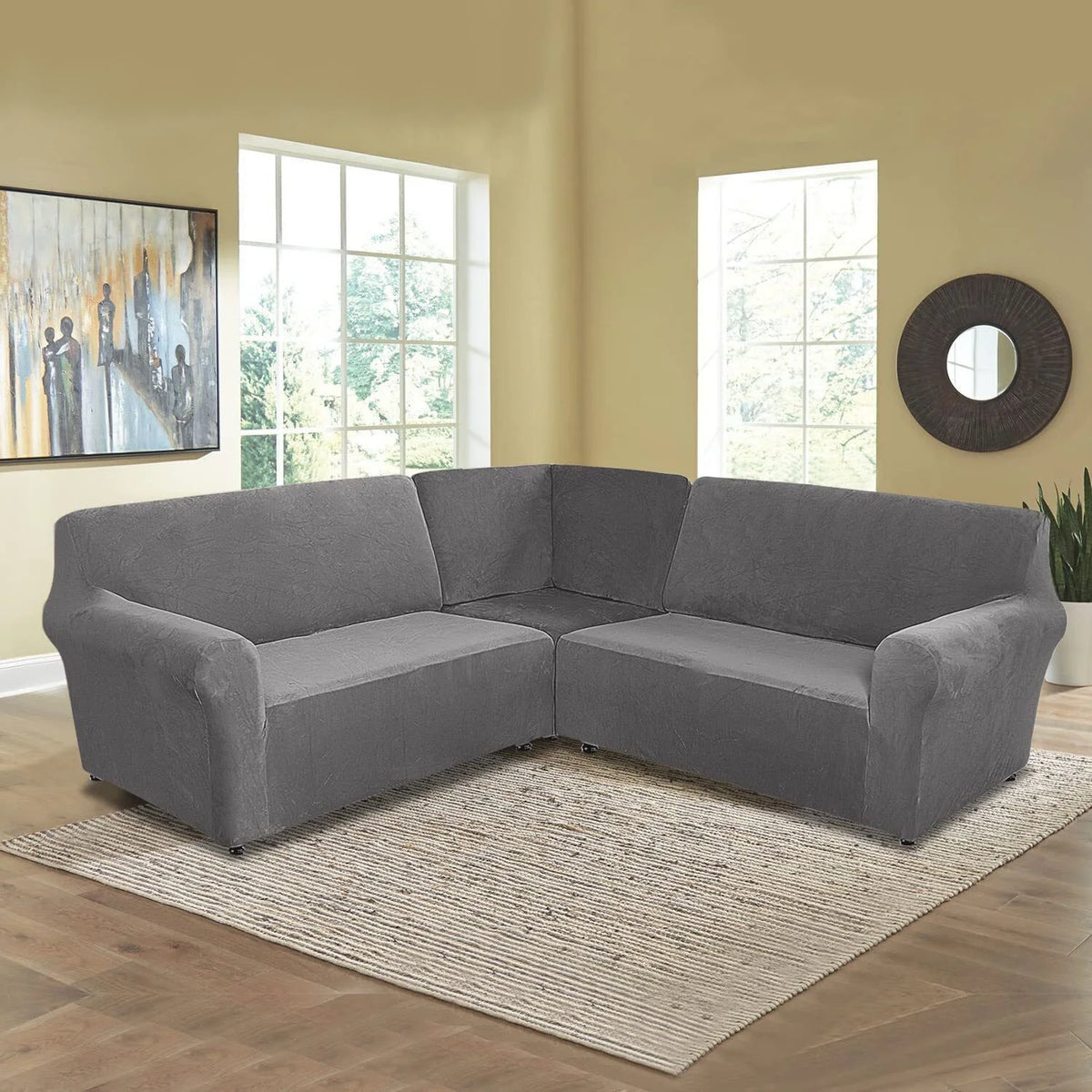 3-Piece L Shape Velvet Sectional Couch Cover, Grey R700