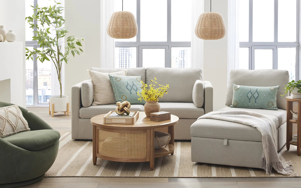 White Linen Modular Sectional Sofa with Storage Ottoman T741