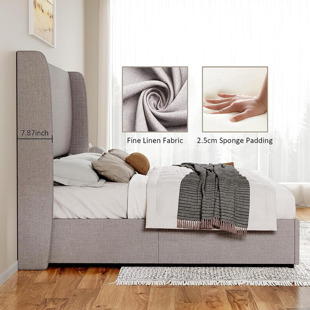 King Size Light Gray Linen Upholstered Platform Bed Frame I856224