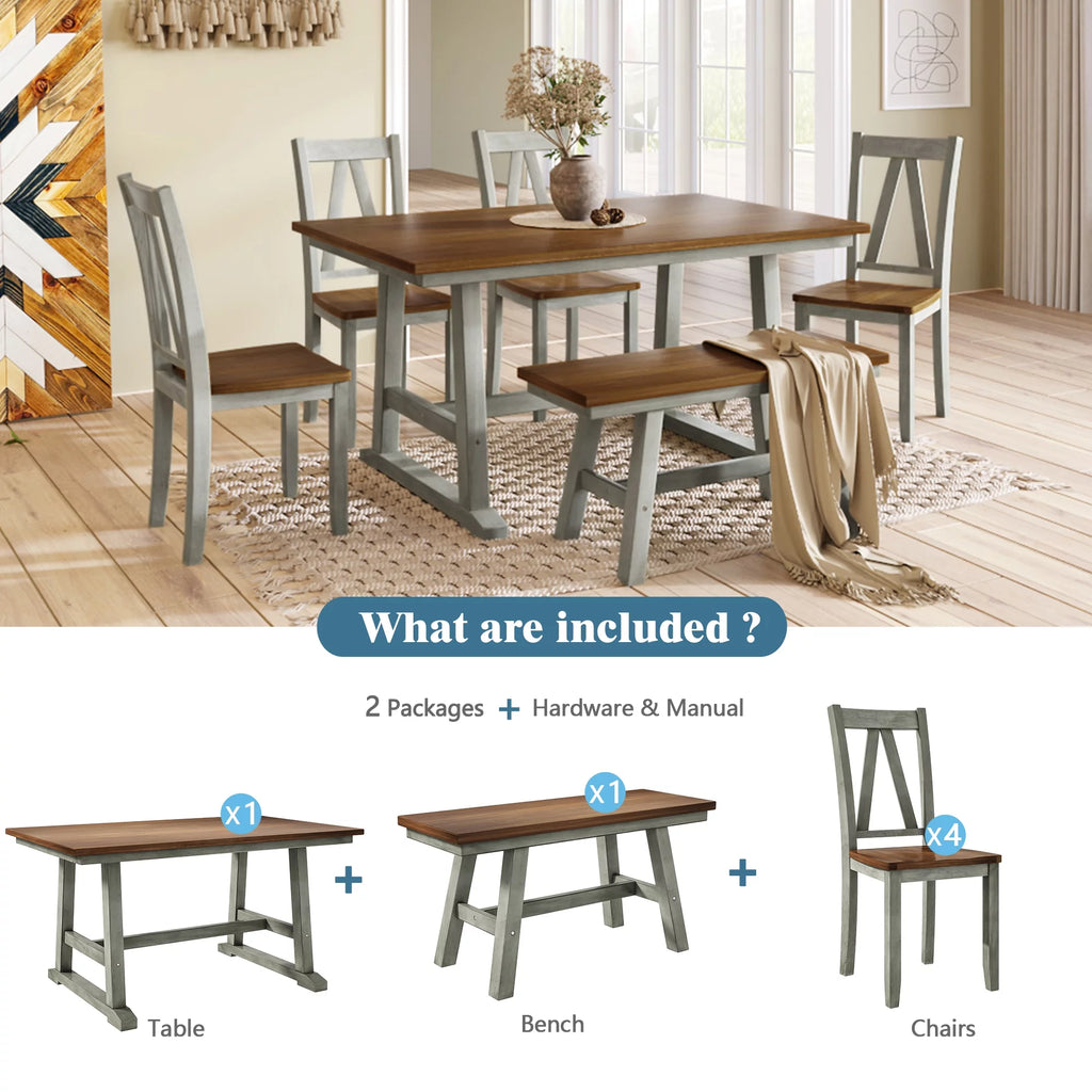 6-Piece Wood Dining Table Set with Bench and 4 Chairs B27829