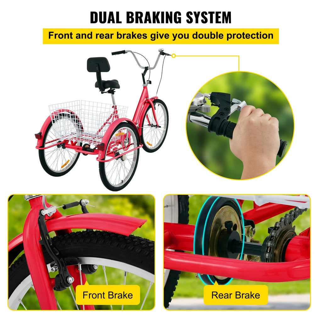 Foldable Adult Tricycle 24'' Wheels 1-Speed 3 Wheel Bikes G8259