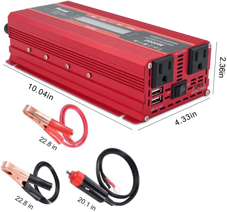 Power Inverter 1000W/2000W Dual AC Outlets Dual USB Charging Ports DC 12V to 110V AC Car Converter with Digital Display Pack of 2 W64340
