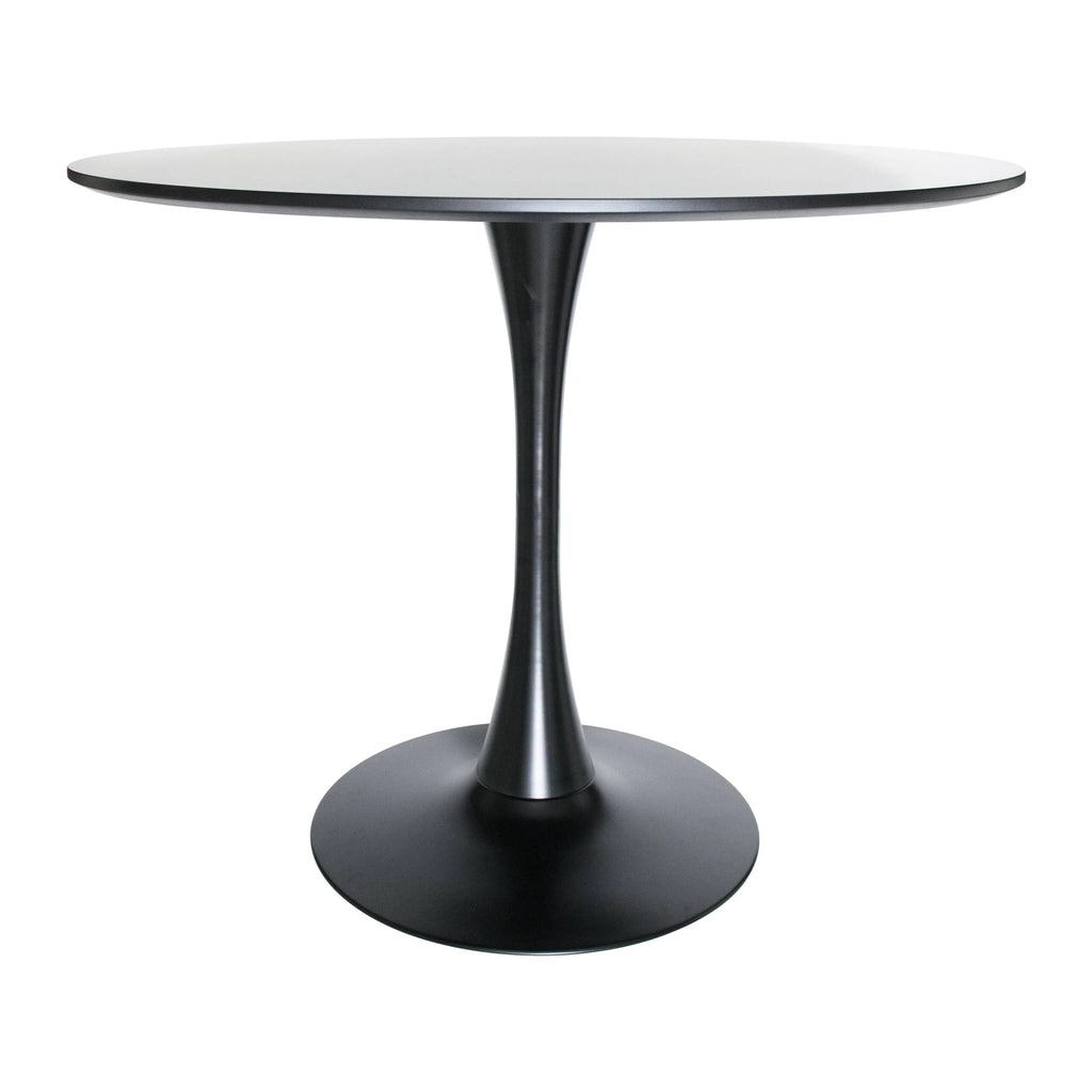 Black Round Dining Table with Wood Top and Iron Pedestal Base O402