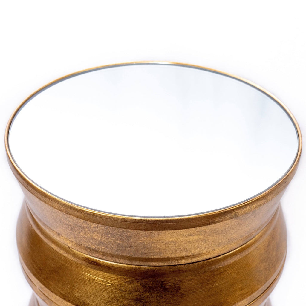 Antique Gold Iron Drum End Table with Glass Top S29667