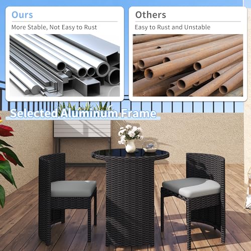 3 Pieces Aluminum Wicker Patio Bistro Set with Tempered Glass Table Black Z72165
