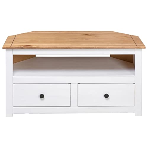 Pine Wood Corner TV Cabinet with 2 Storage Drawers and 1 Open Compartment, 36.6 x 19.3 x 19.3 Inches R4811
