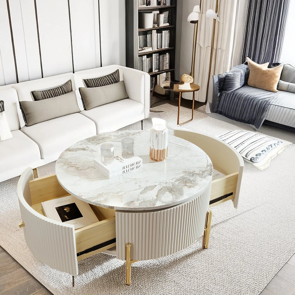Modern Round Coffee Table with 2 Drawer, Sintered Stone Top, White V41697