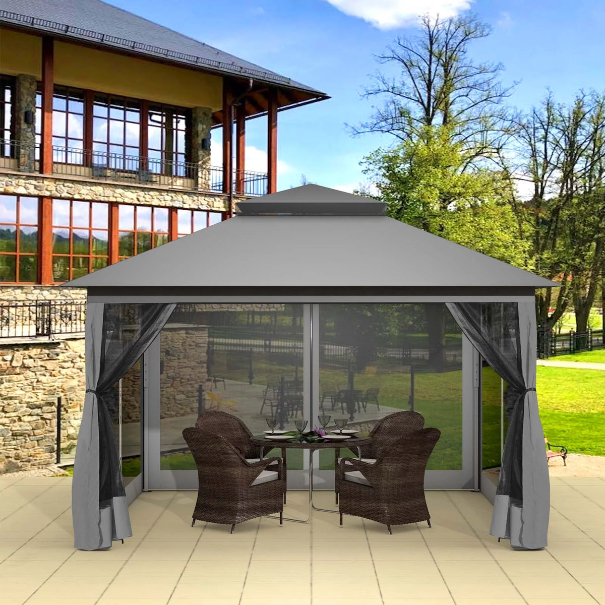 13 x13 ft Pop up Gazebo Canopy Shelter with Mosquito Netting, Brown Z97775