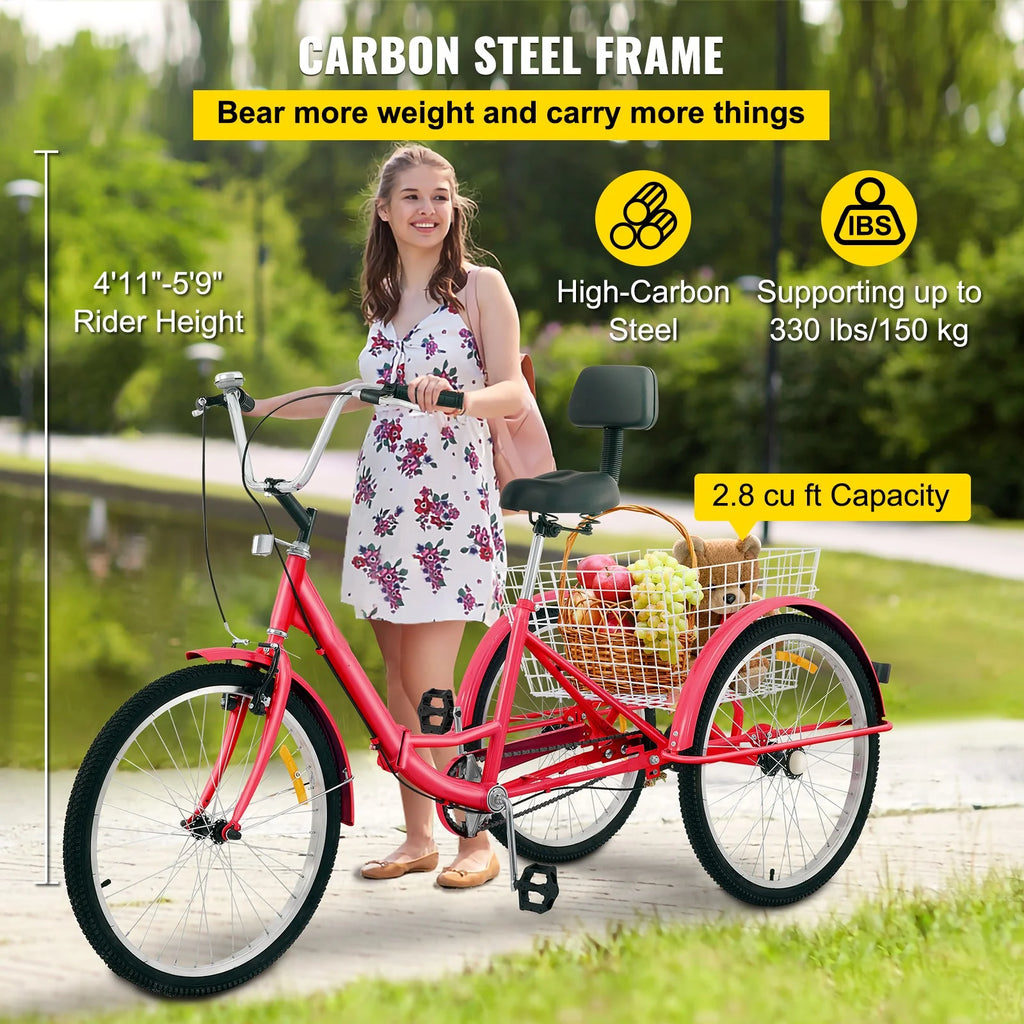 Foldable Adult Tricycle 24'' Wheels 1-Speed 3 Wheel Bikes G8259