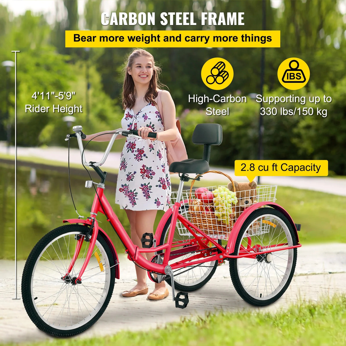 Foldable Adult Tricycle 24'' Wheels 1-Speed 3 Wheel Bikes G8259