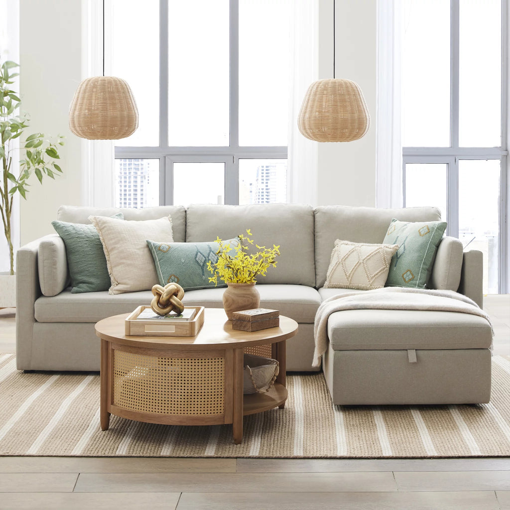 White Linen Modular Sectional Sofa with Storage Ottoman T741