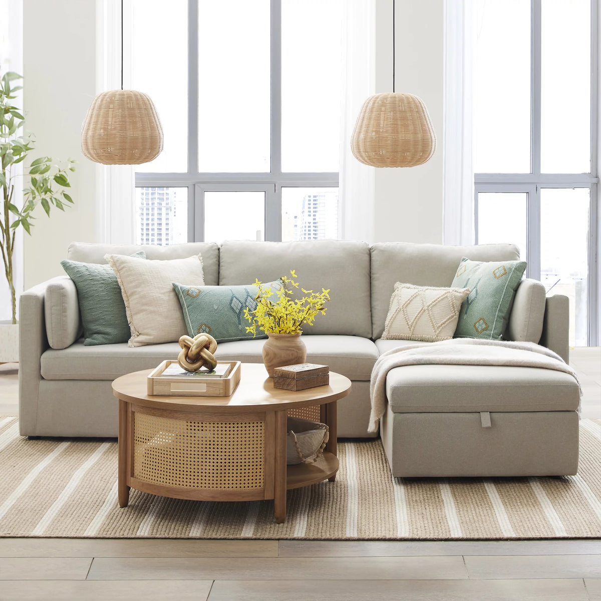 White Linen Modular Sectional Sofa with Storage Ottoman T741