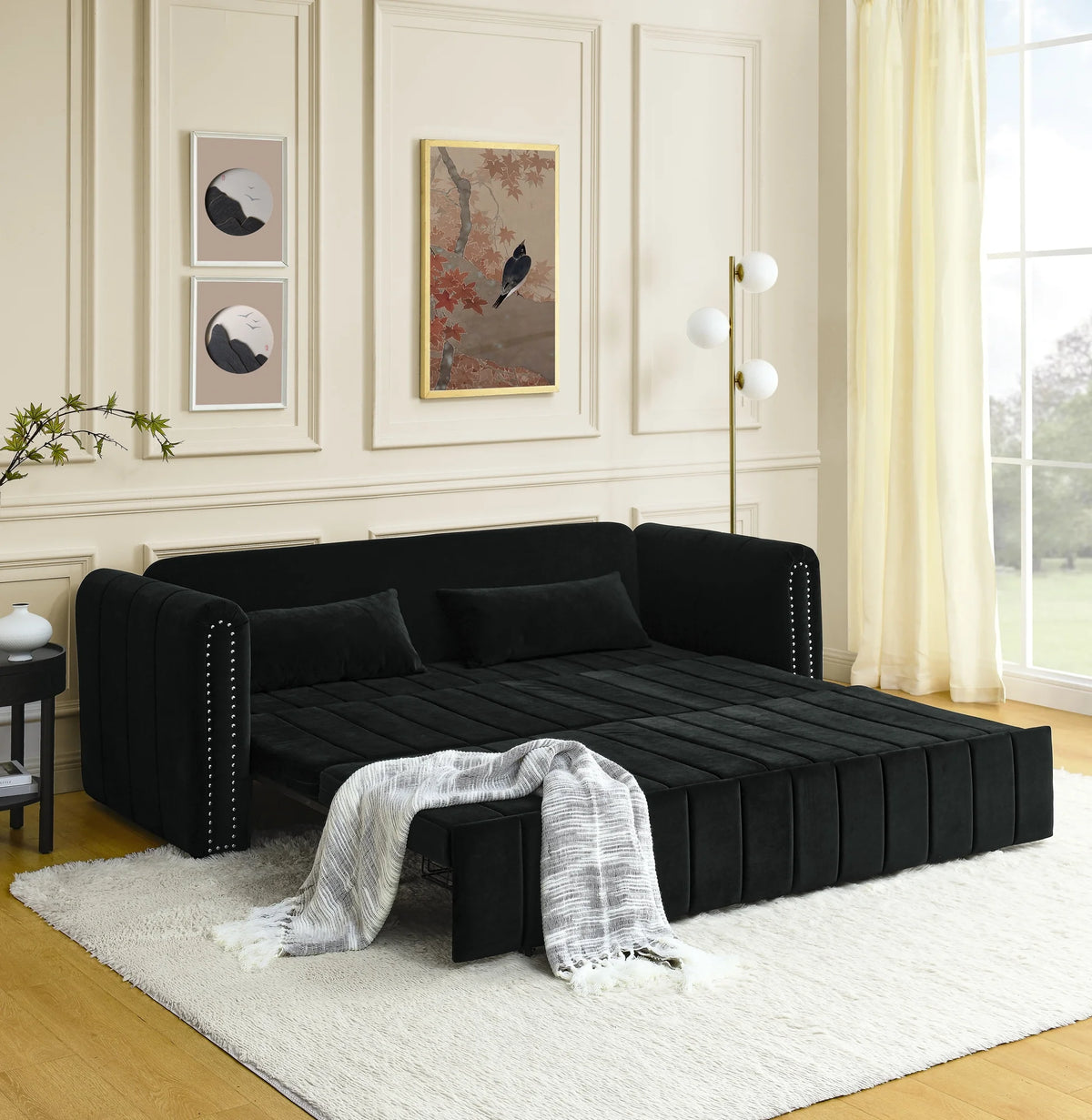 Black 3-in-1 Convertible Sleeper Sofa Bed with Two Drawers and Two Pillows L4878