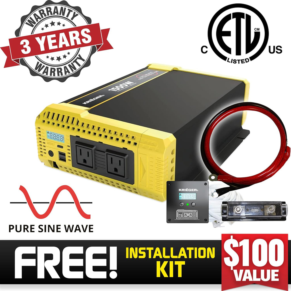 1500 Watt 12V Pure Sine Inverter Dual AC Outlets & USB B91324