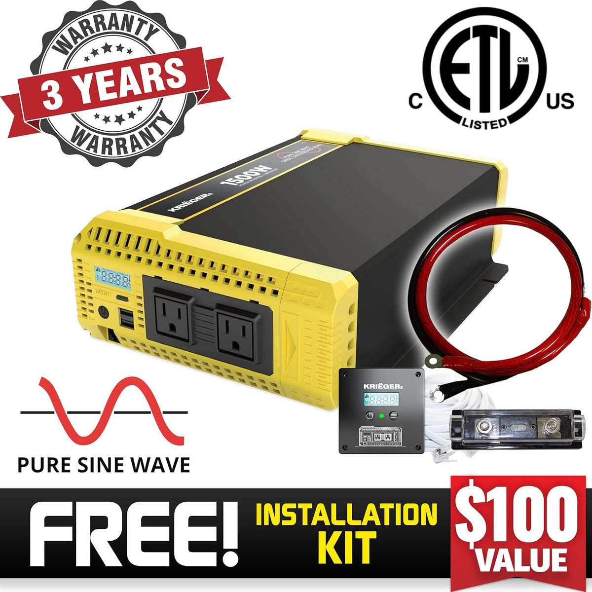 1500 Watt 12V Pure Sine Inverter Dual AC Outlets & USB B91324