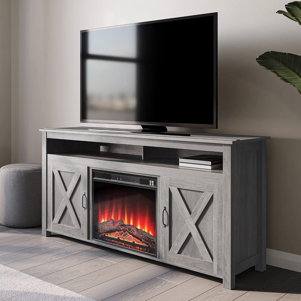 Modern Barn Door Wood Electric Fireplace TV Stand with Two Open Shelves and Cabinets Q31997