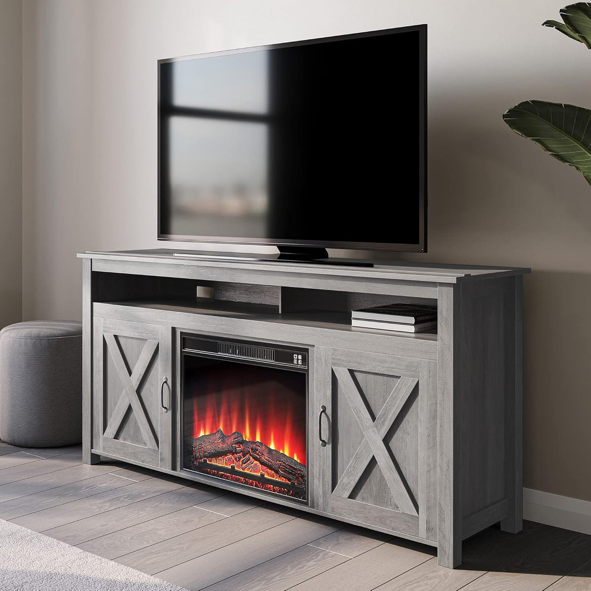 Modern Barn Door Wood Electric Fireplace TV Stand with Two Open Shelves and Cabinets Q31997