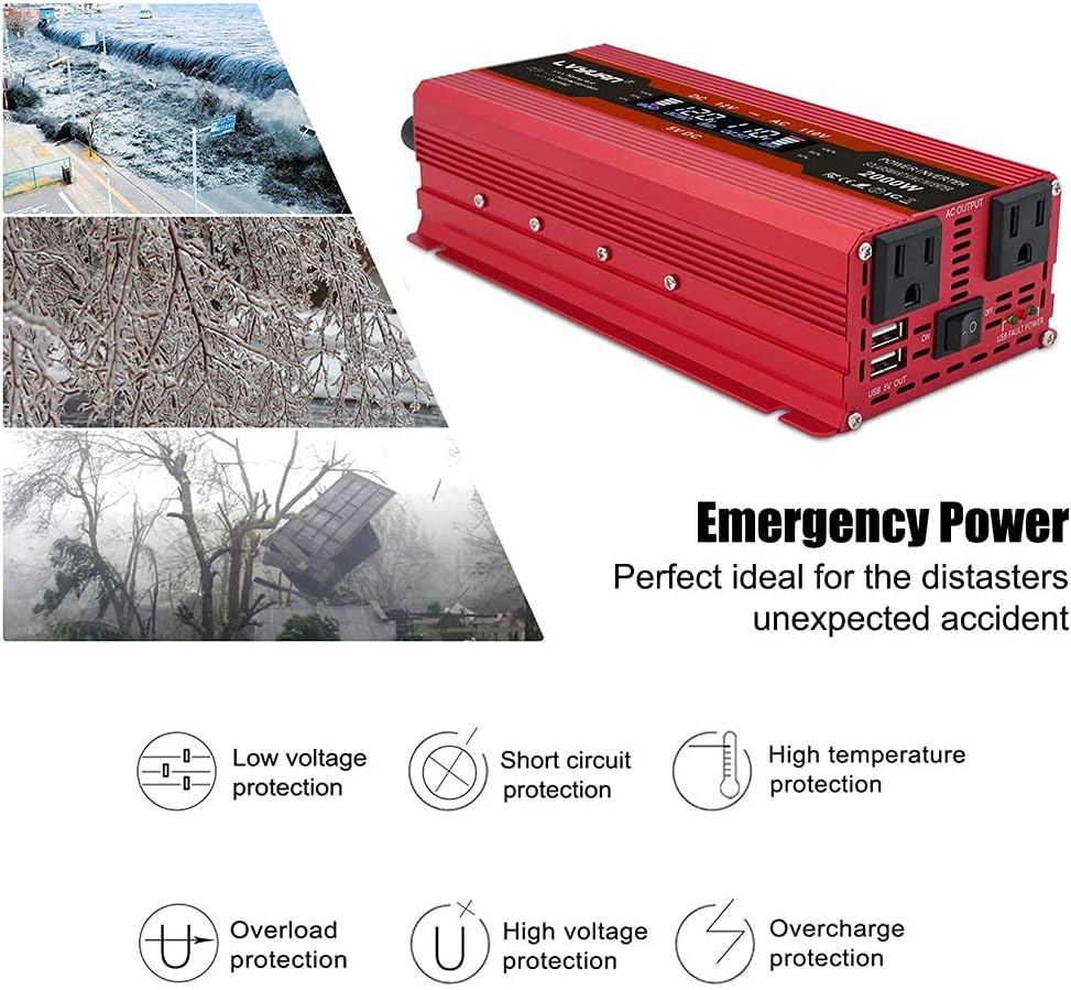Power Inverter 1000W/2000W Dual AC Outlets Dual USB Charging Ports DC 12V to 110V AC Car Converter with Digital Display Pack of 2 W64340