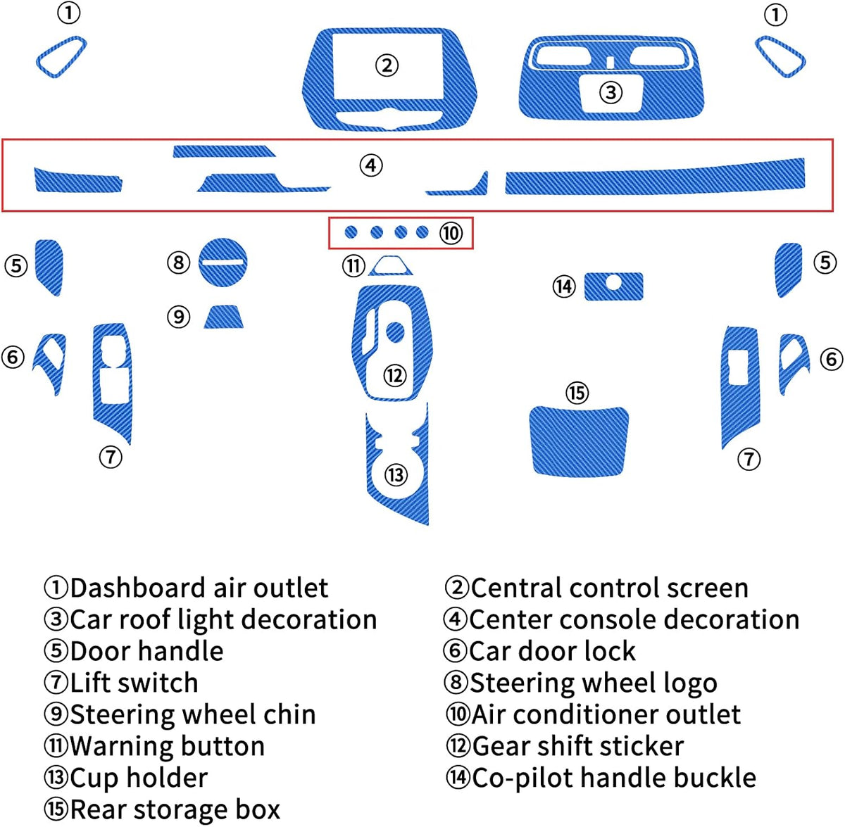 Carbon Fiber Texture Vinyl Wrap Center Console Dashboard Cover for Chevrolet Camaro 28PCS Blue Z267807