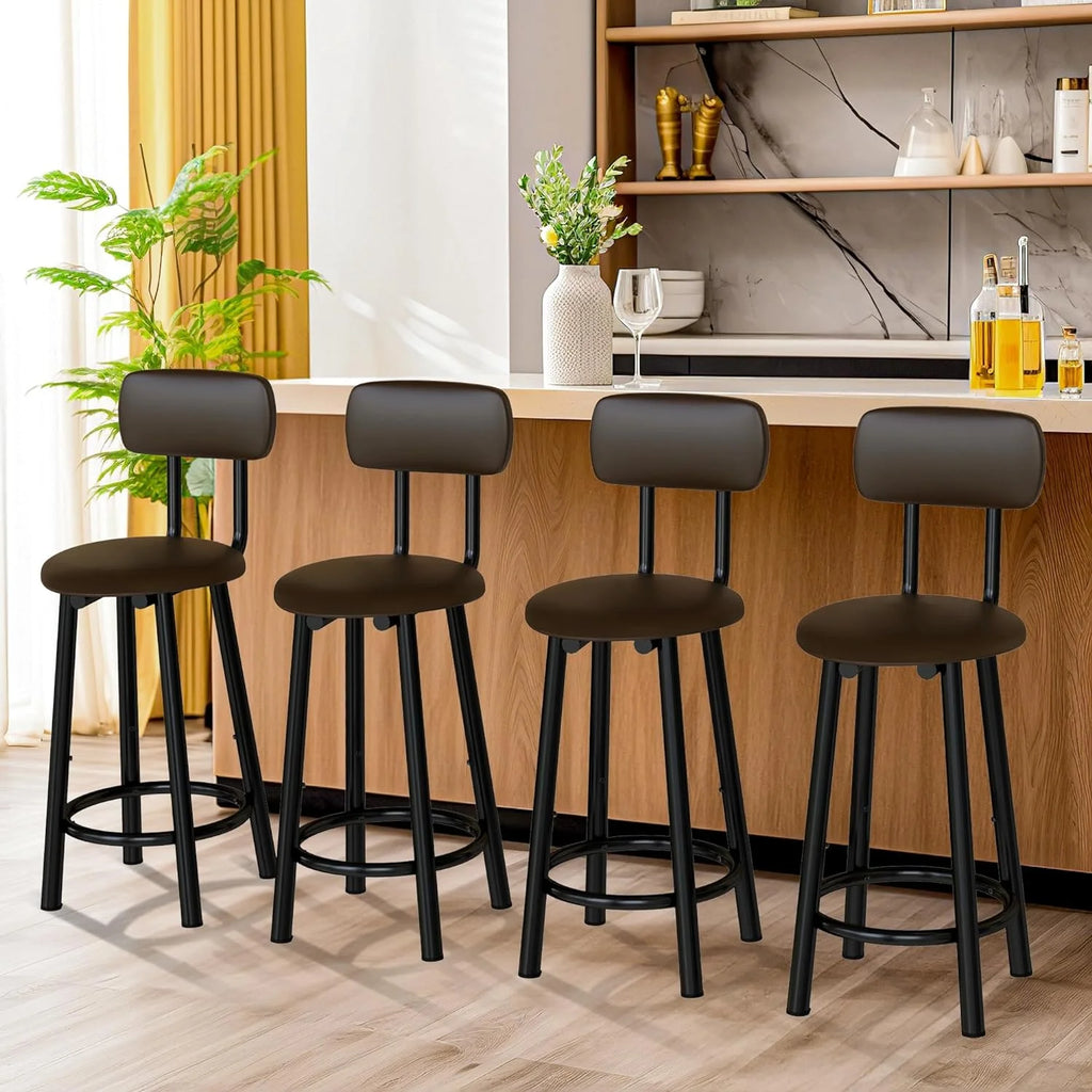 Bar Stools Set of 4, 35.4 inch PU Leather with Backrest, Rustic Brown D7012