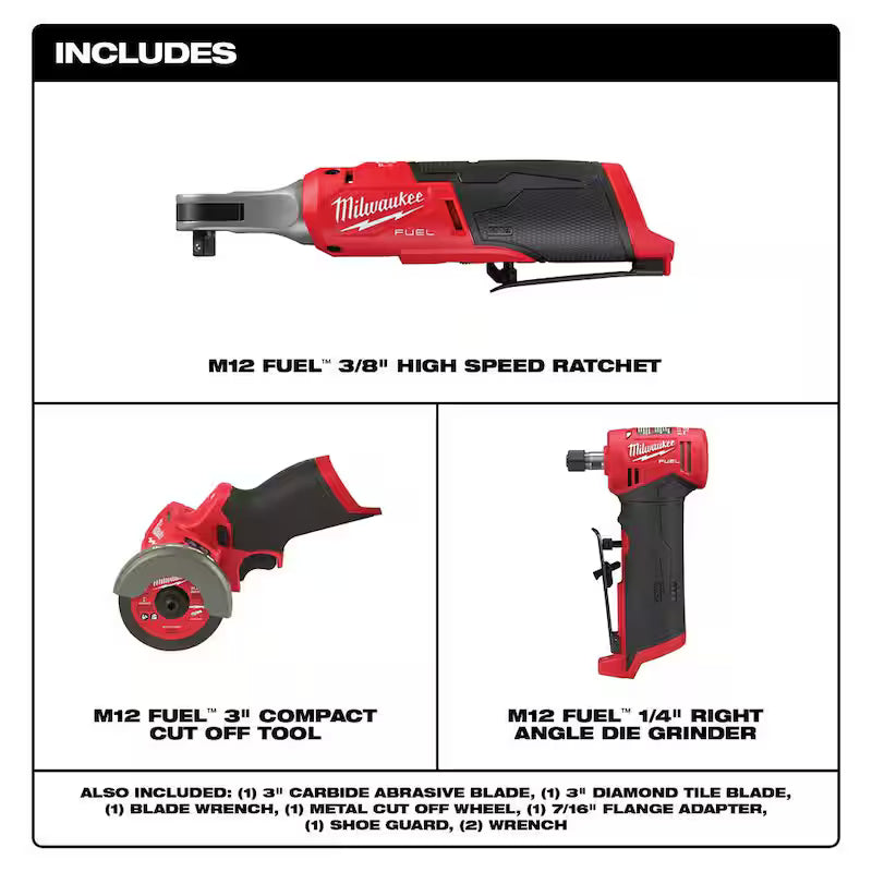 12V Lithium-Ion Brushless Cordless High Speed 3/8 in. Ratchet with 3 in. Cutoff Saw & 1/4 in. Die Grinder L8408