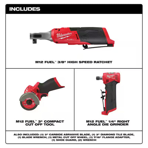 12V Lithium-Ion Brushless Cordless High Speed 3/8 in. Ratchet with 3 in. Cutoff Saw & 1/4 in. Die Grinder L8408