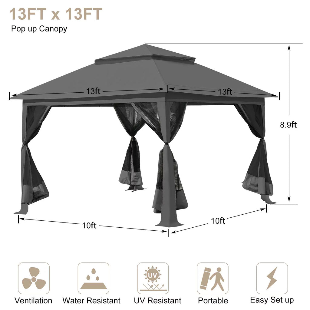13 x13 ft Pop up Gazebo Canopy Shelter with Mosquito Netting, Brown Z97775